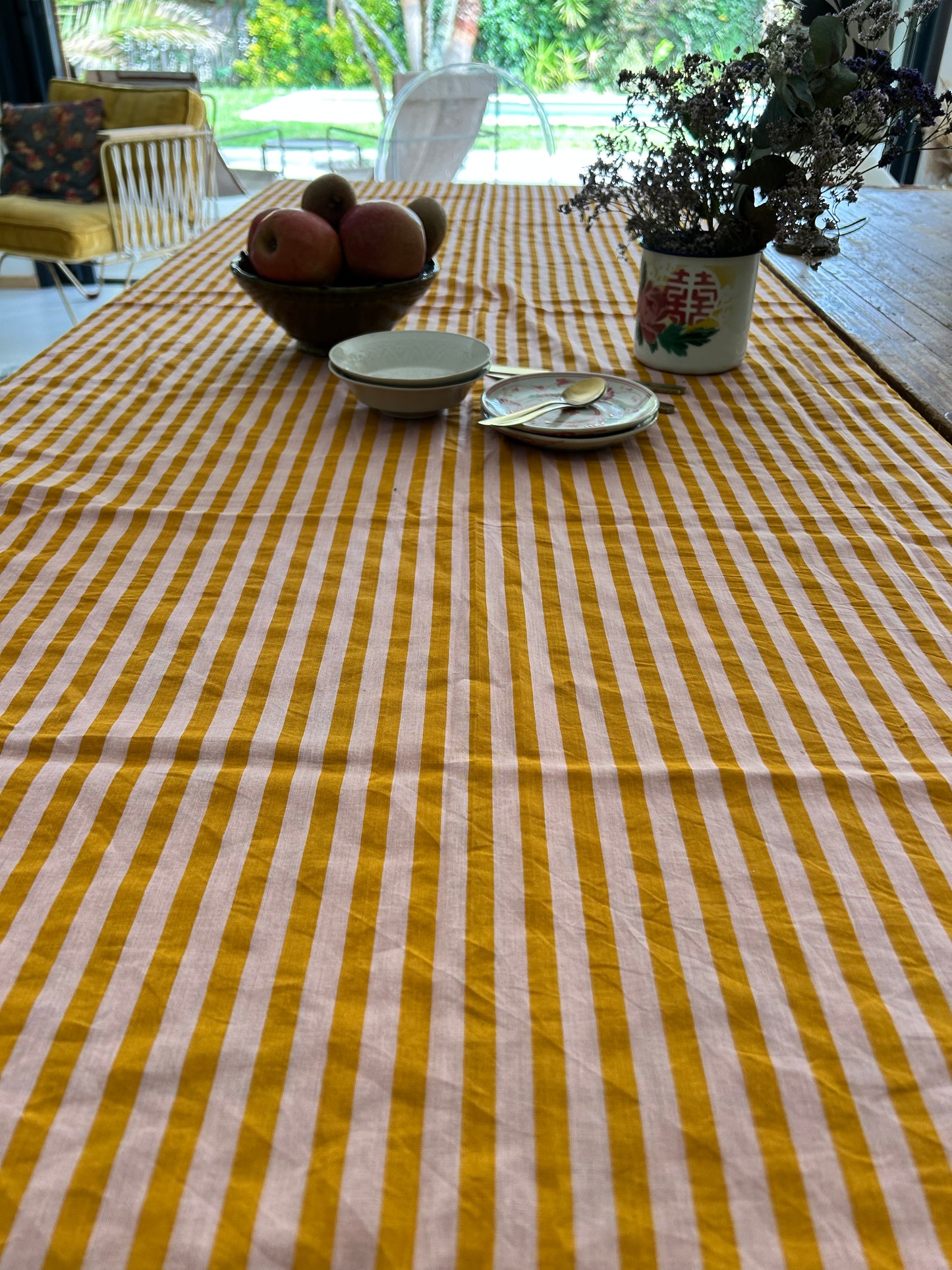 Nappe en coton à rayures rose - orange