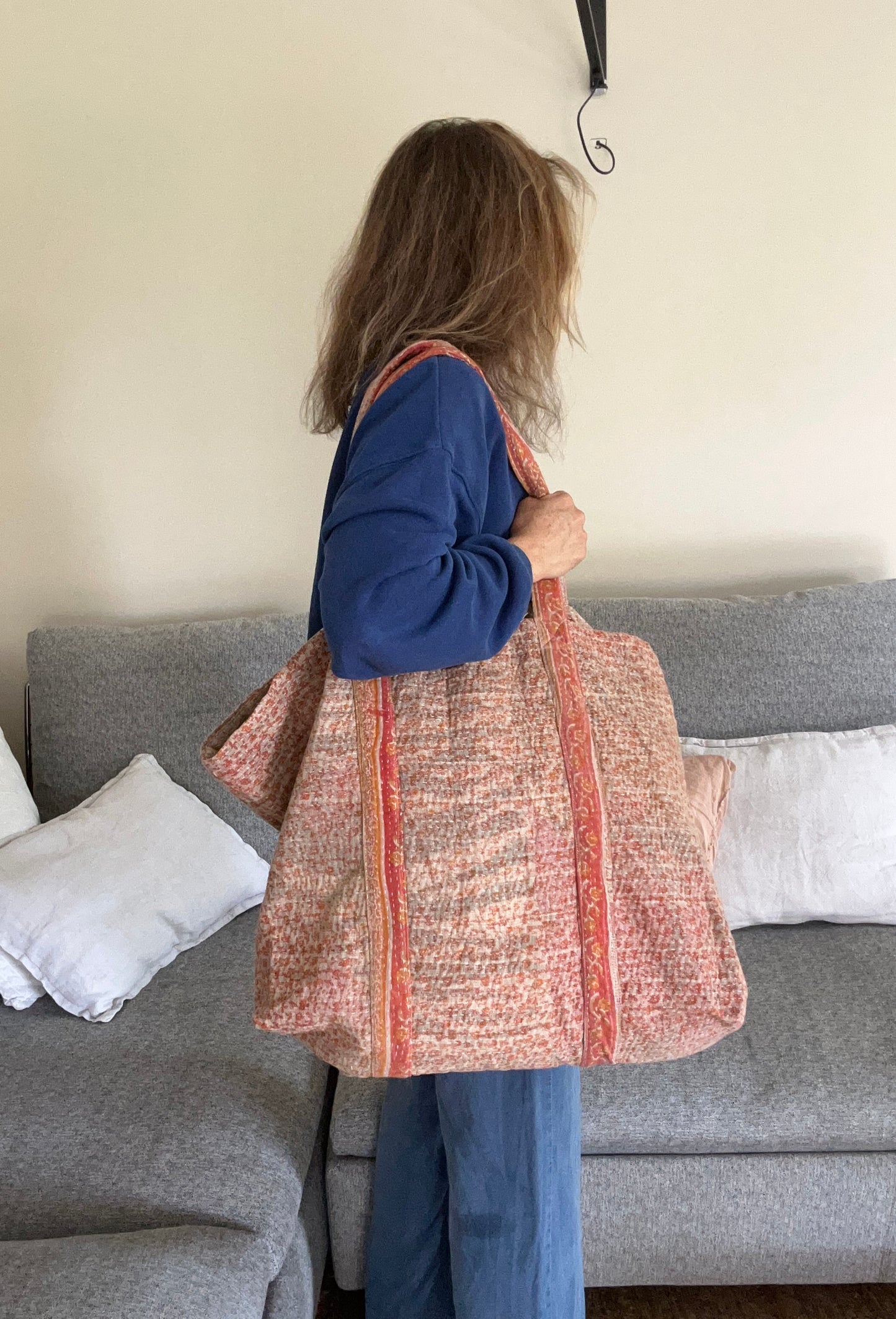 Grand Cabas en Kantha vintage Abricot