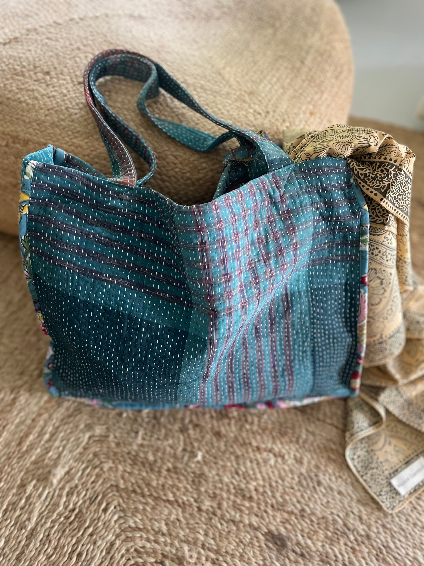 Cabas en Kantha vintage bleu