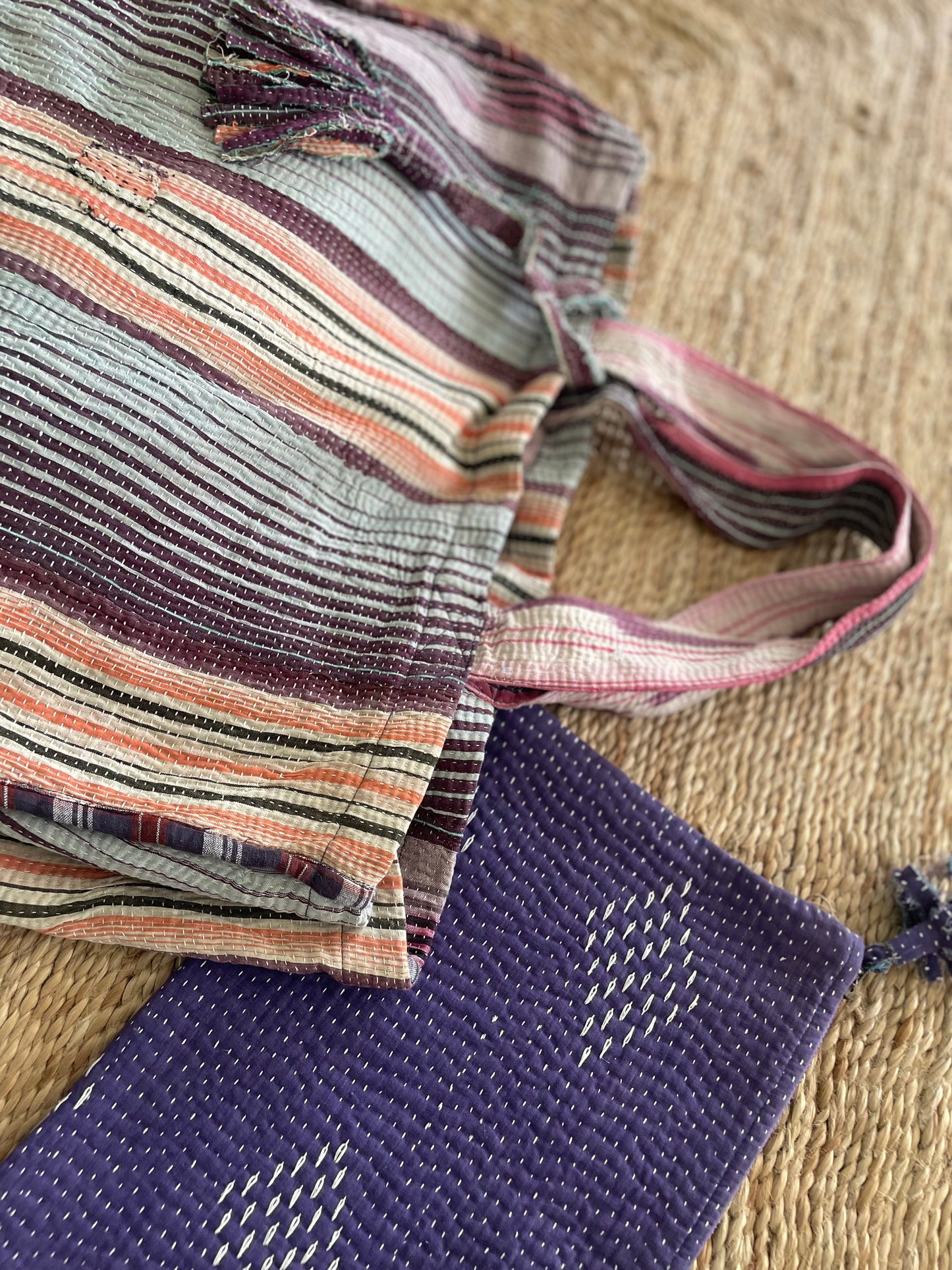 Cabas en kantha vintage Violine-orangé à rayures