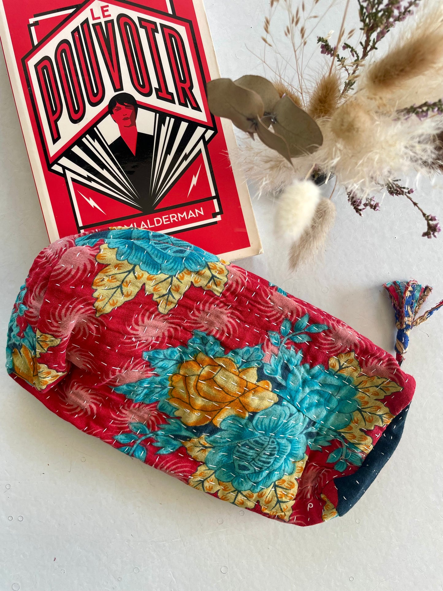 Trousse ronde en Kantha | Rouge
