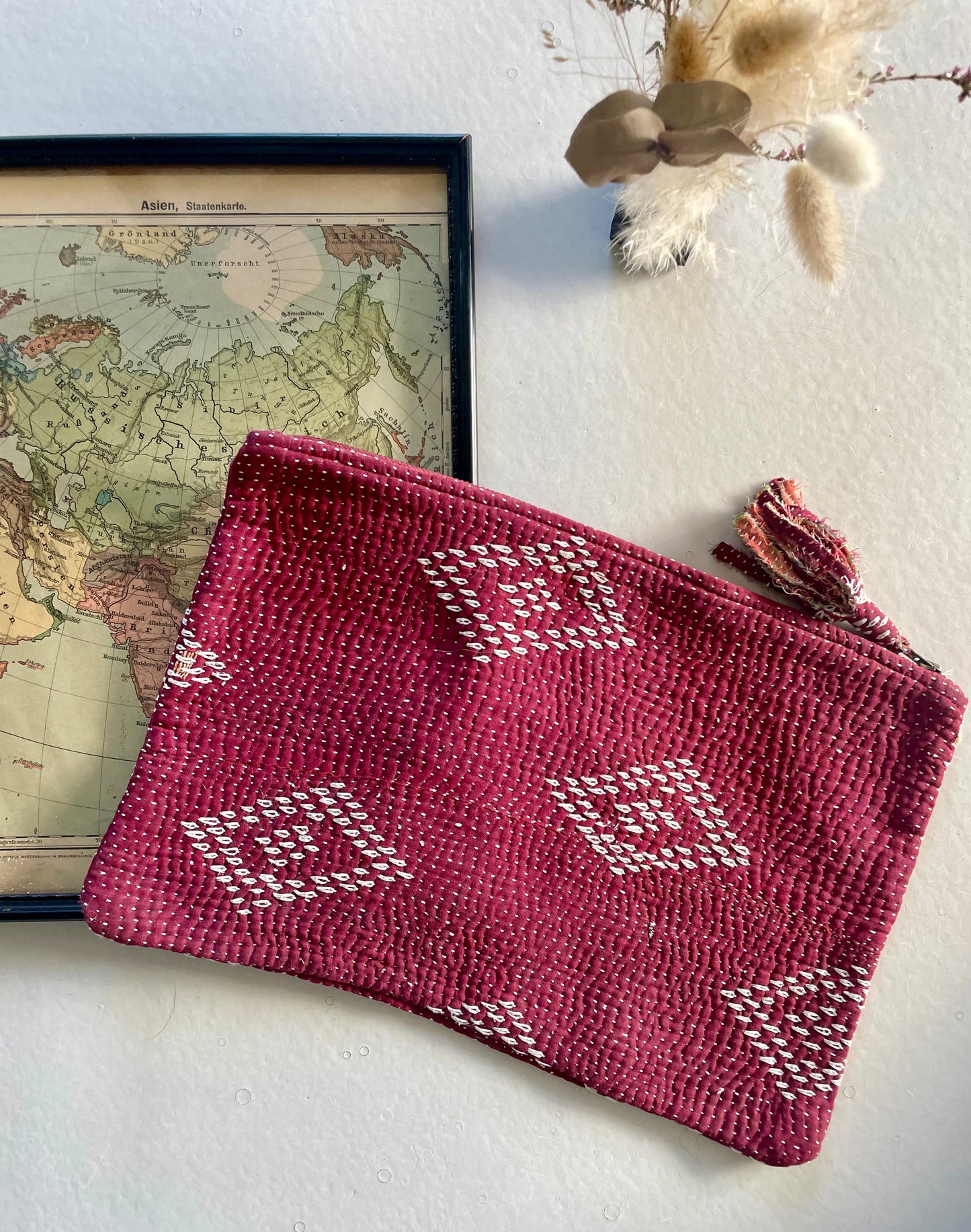 Grande pochette en kantha | bordeaux