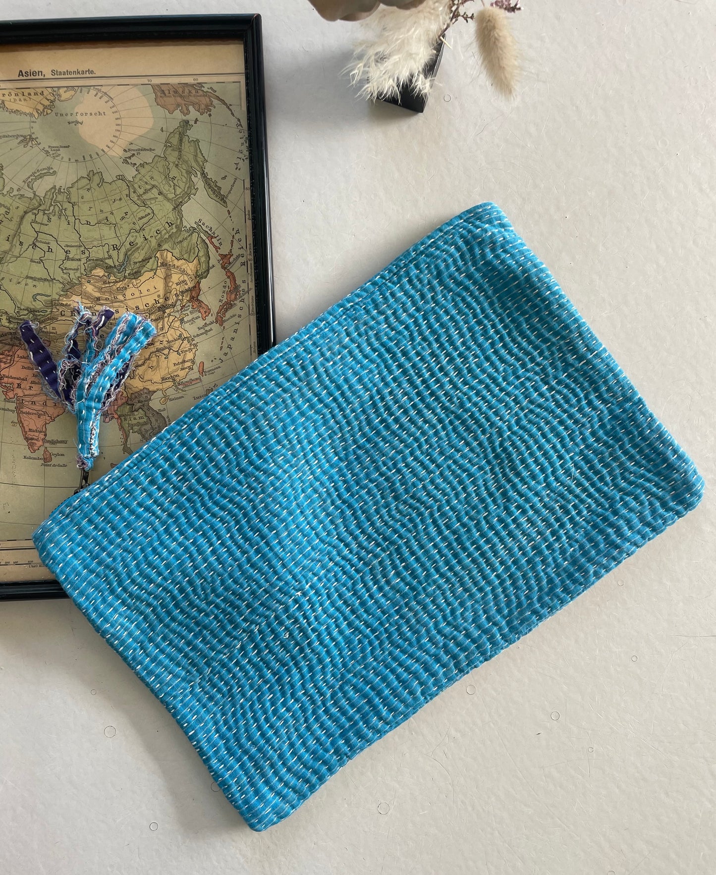 Grande pochette en kantha | Turquoise