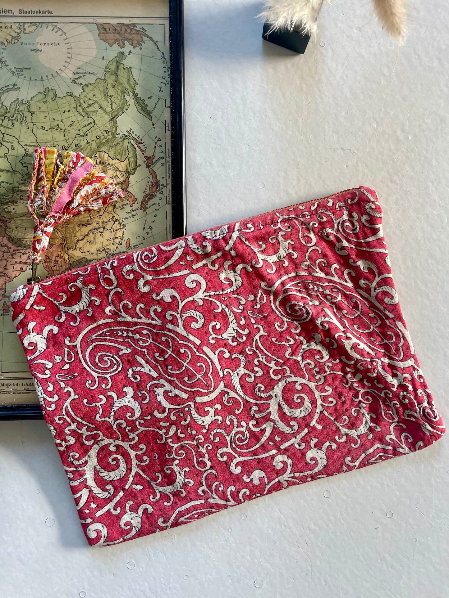 Grande pochette en kantha | rouge orangé