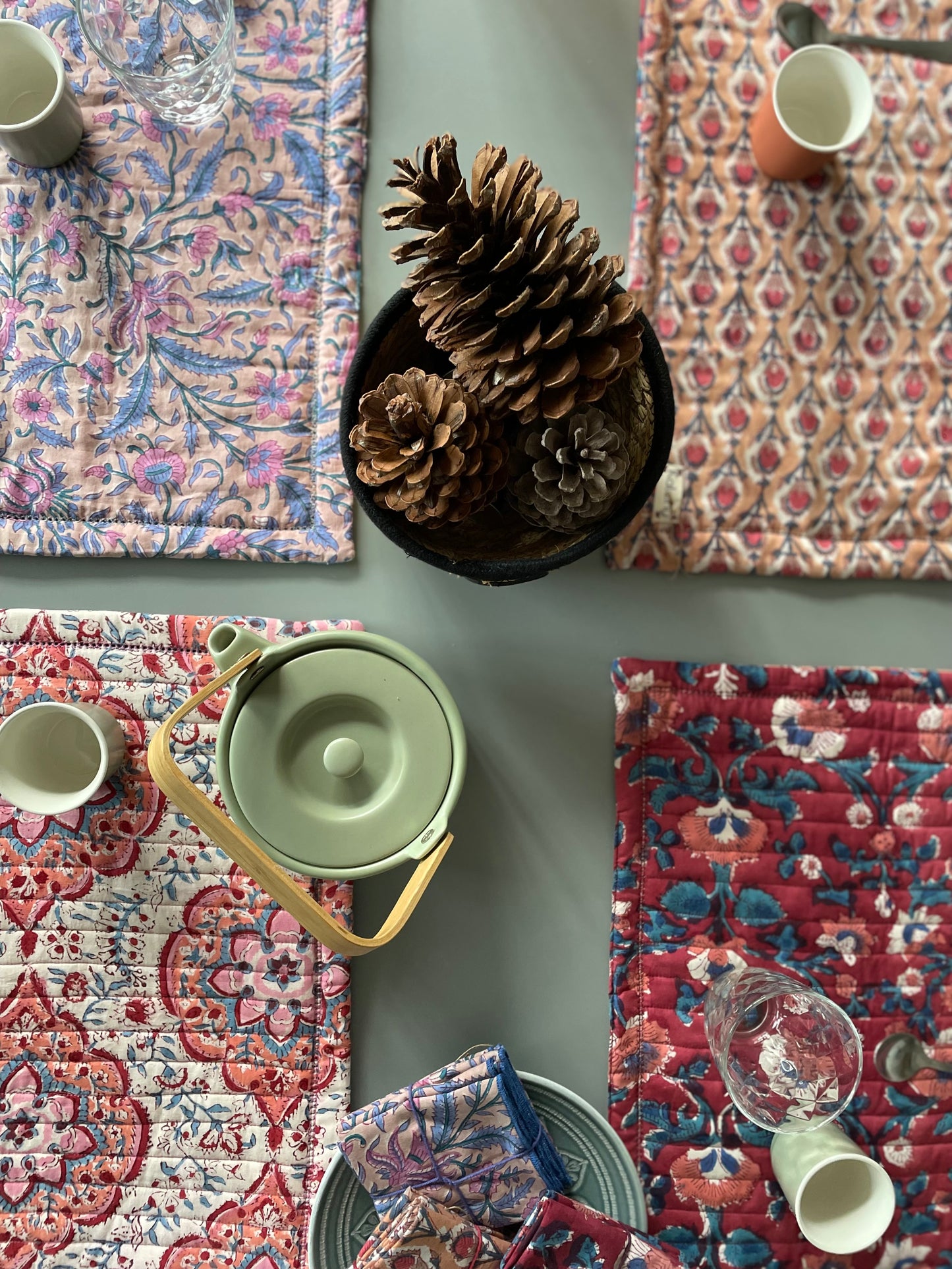 Set de table en coton blockprint réversible Bleu / Mauve