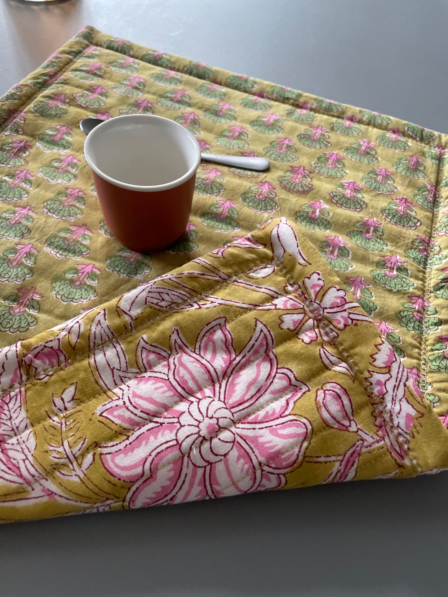 Set de table en coton blockprint réversible Vert / Moutarde