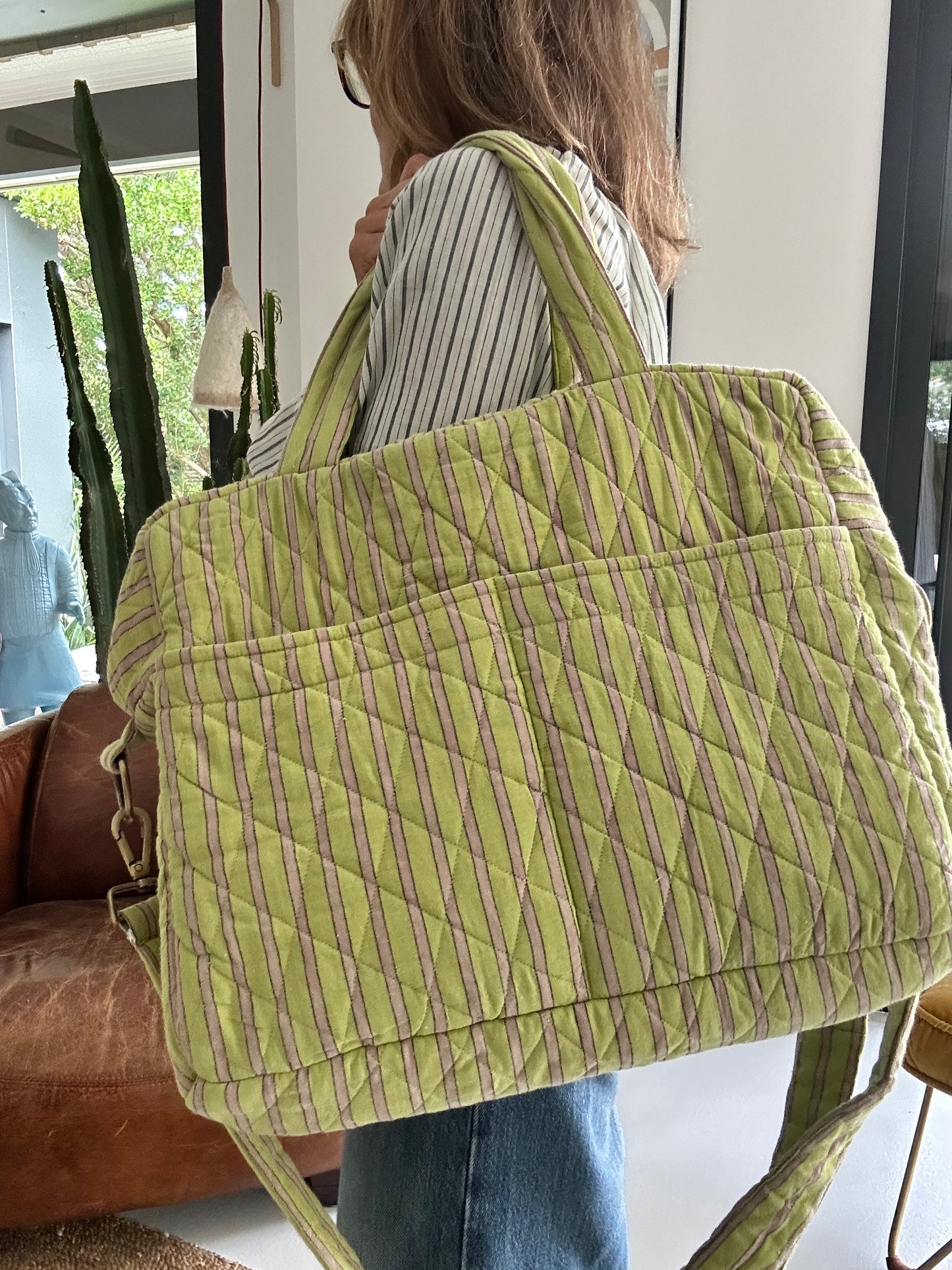 CABA en coton khadi matelassé vert & violine à rayures