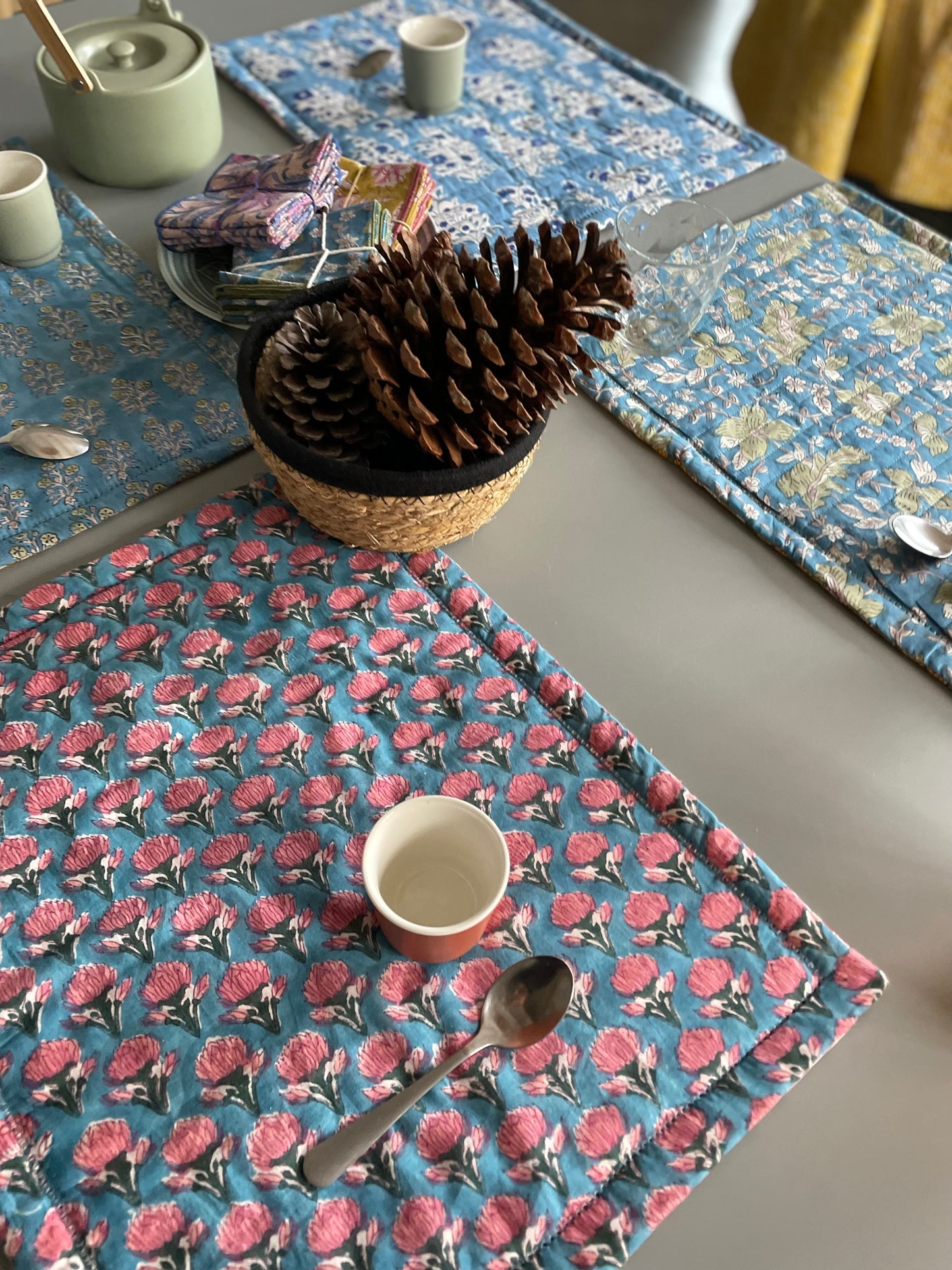Set de table en coton blockprint réversible Bleu / Blanc