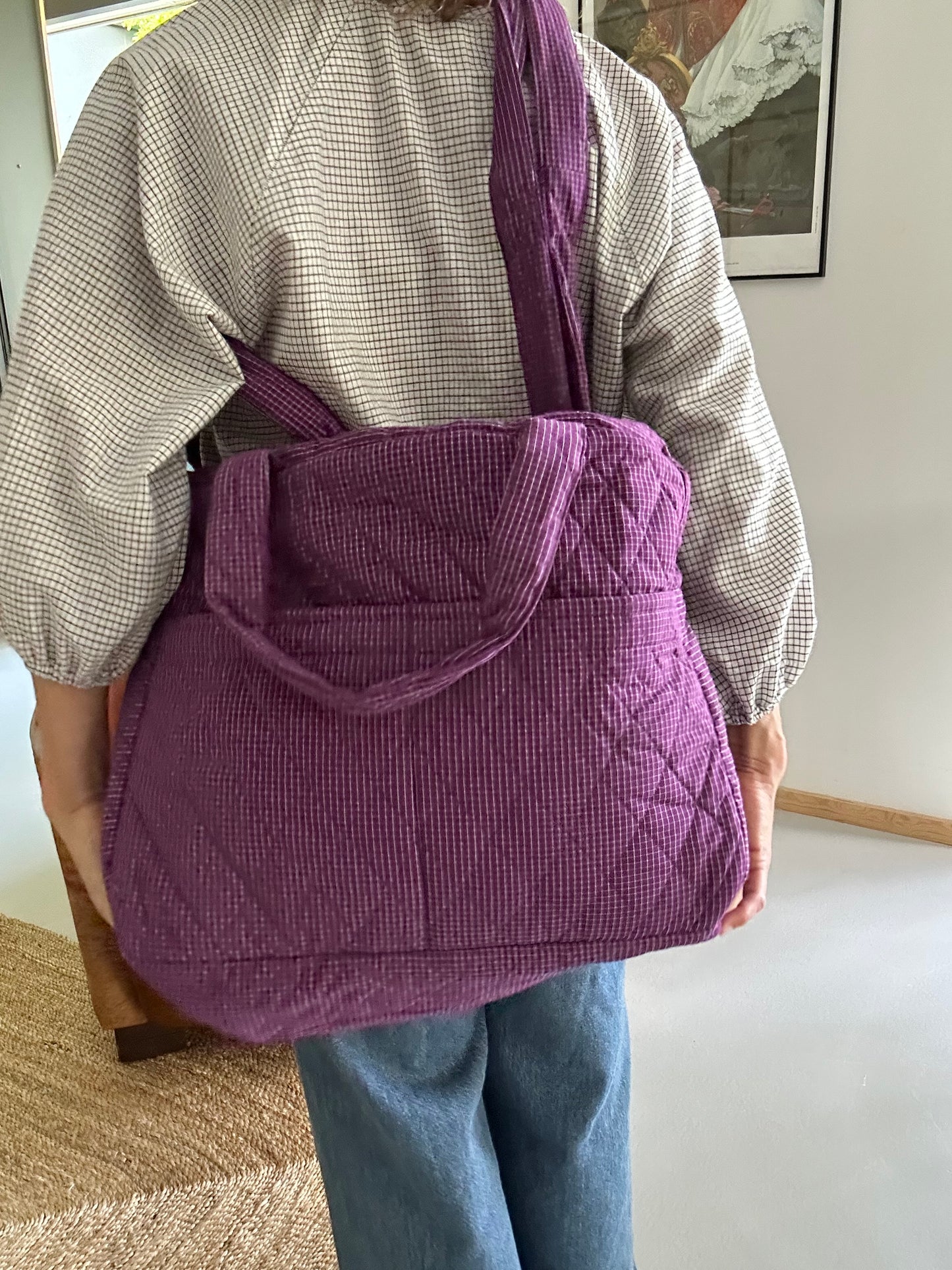 CABA en coton khadi matelassé violet  à petits carreaux