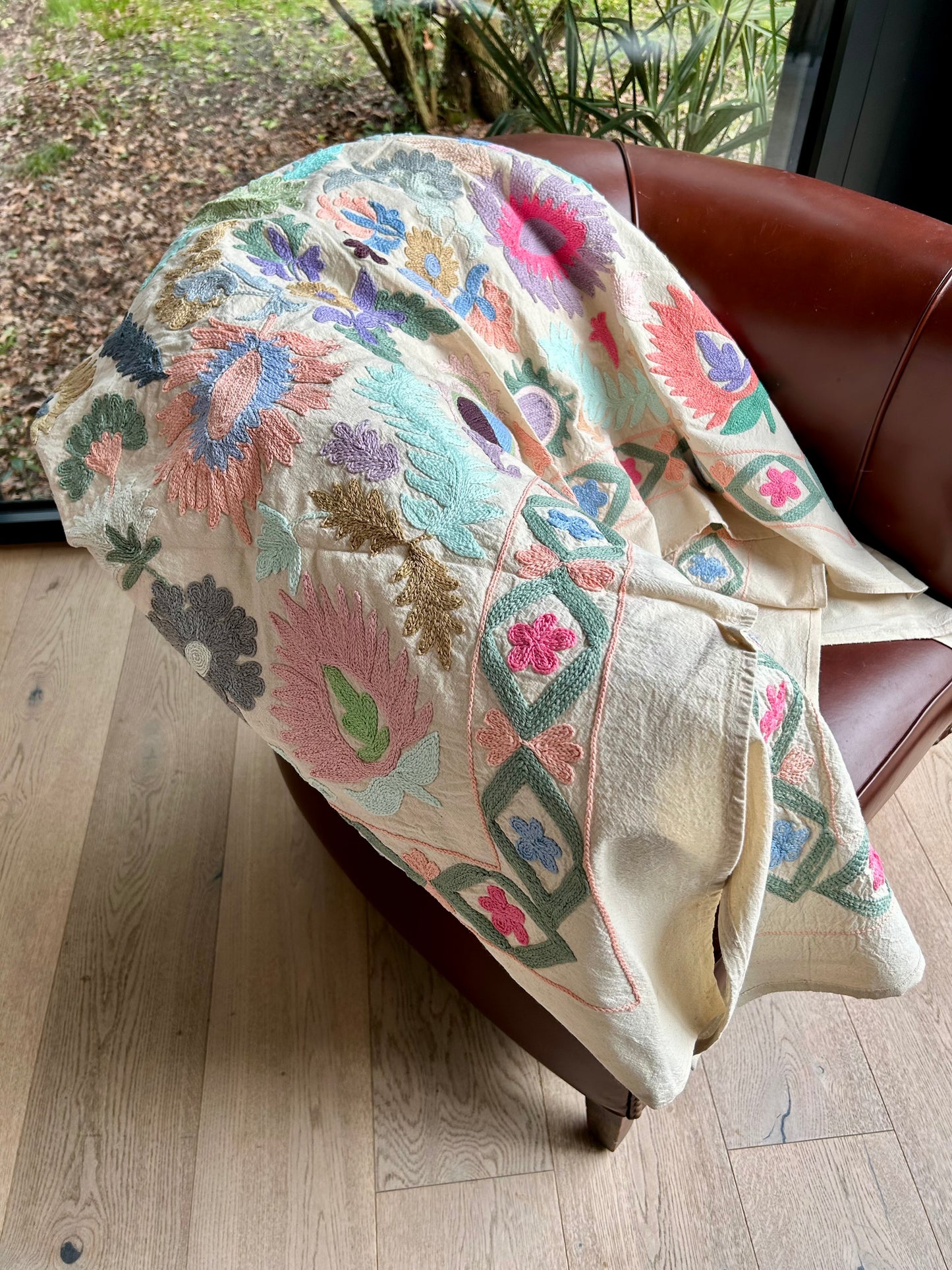 Plaid SUZANI Pastel & liseré losange vert