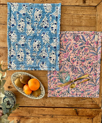 Set de table en coton blockprint réversible Bleu /  Mauve