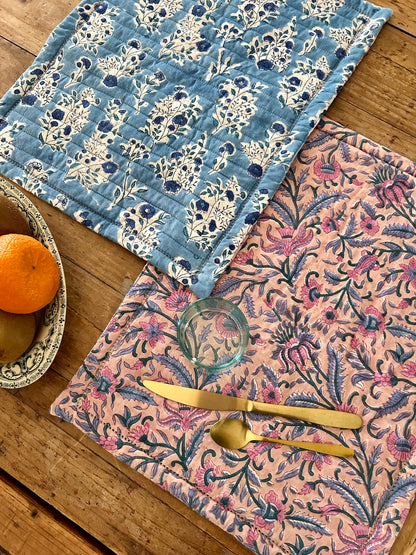 Set de table en coton blockprint réversible Bleu /  Mauve