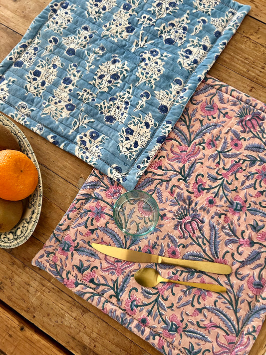 Set de table en coton blockprint réversible Bleu /  Mauve