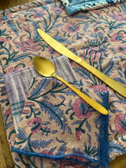 Set de table en coton blockprint réversible Bleu /  Mauve