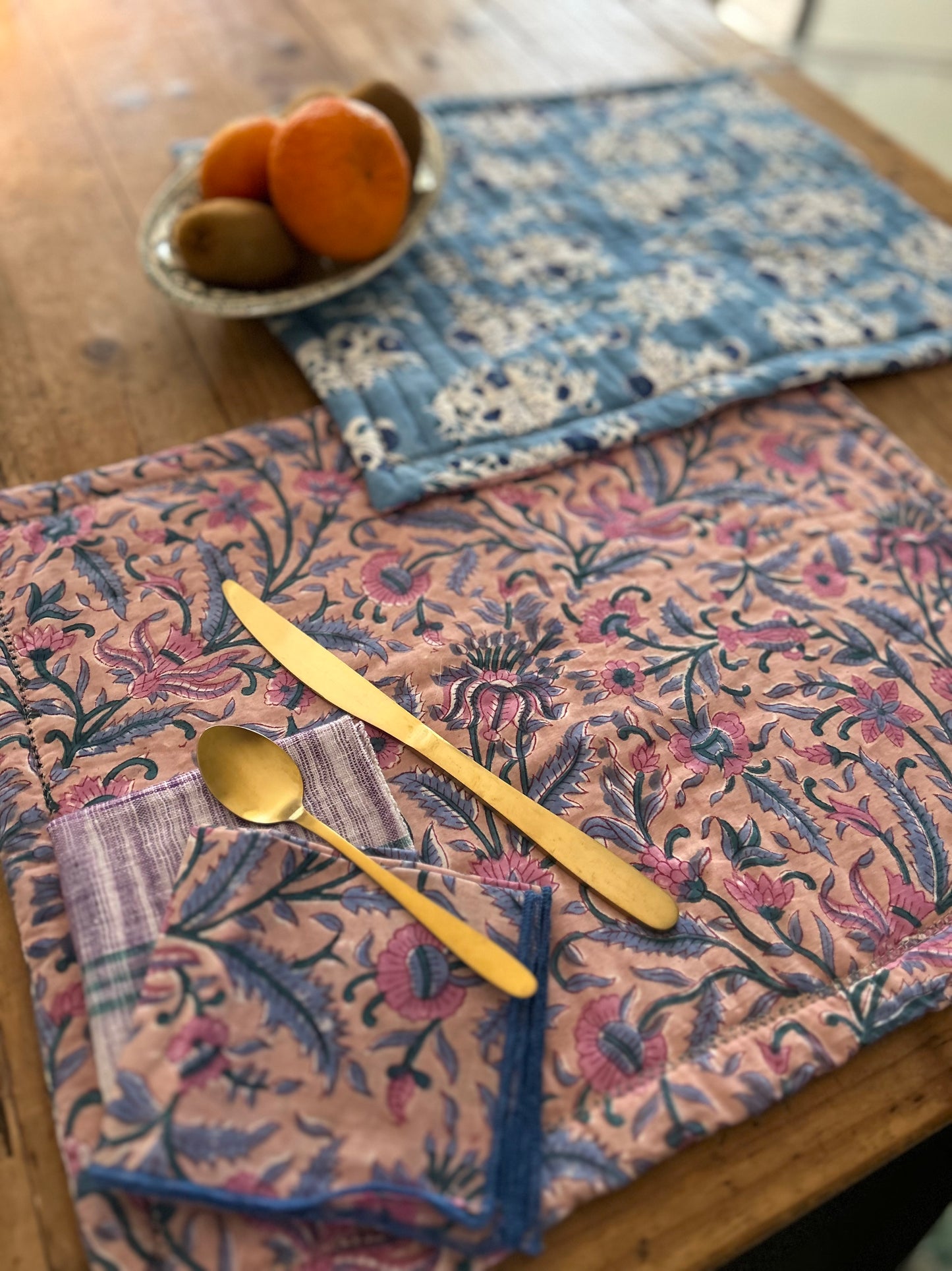 Set de table en coton blockprint réversible Bleu /  Mauve