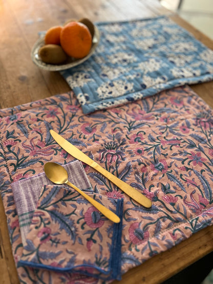 Set de table en coton blockprint réversible Bleu /  Mauve