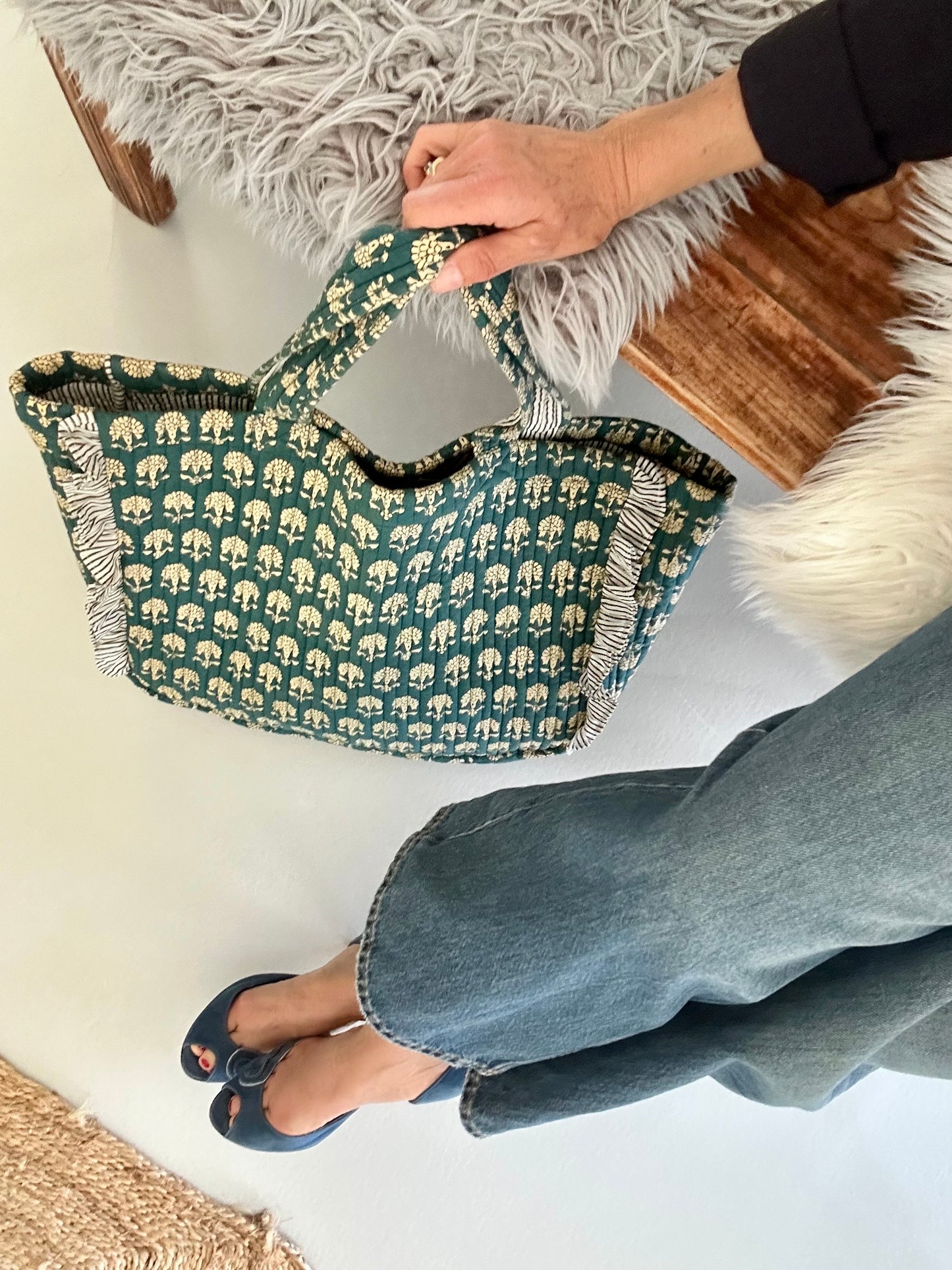 Cabas froufrou en coton blockprint matelassé Bleu jeans