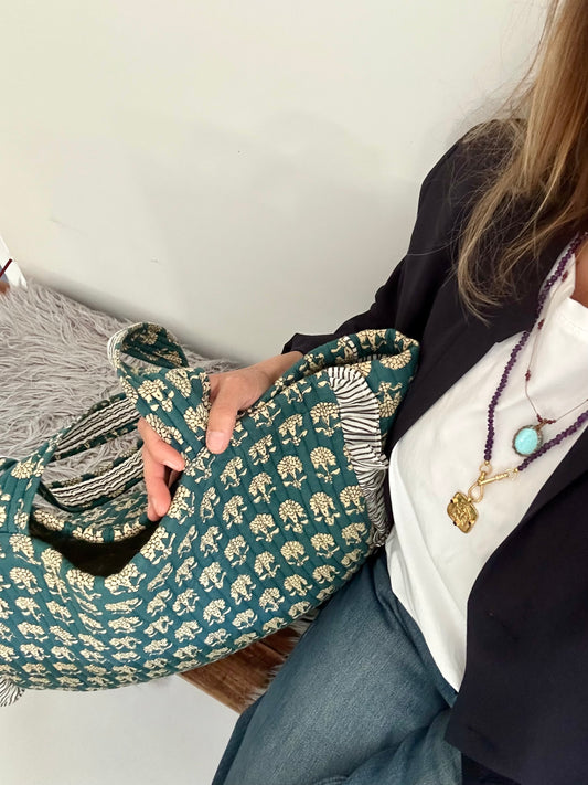 Cabas froufrou en coton blockprint matelassé Bleu jeans