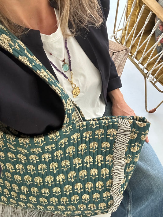 Cabas froufrou en coton blockprint matelassé Bleu jeans