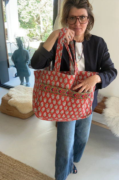 Cabas ruban en coton blockprint matelassé terracotta