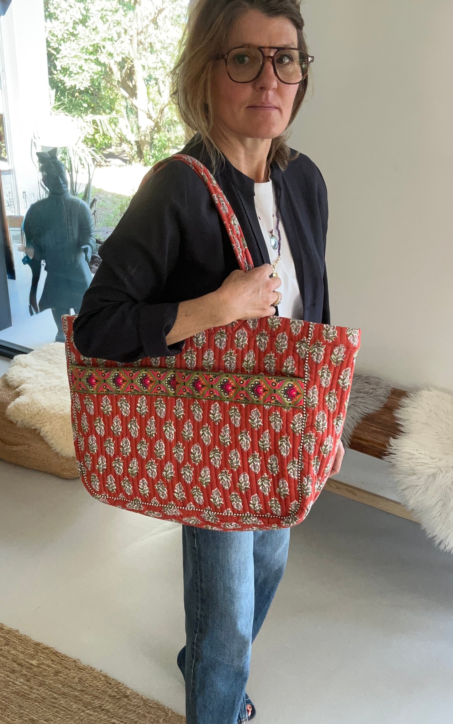 Cabas ruban en coton blockprint matelassé terracotta