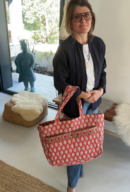 Cabas ruban en coton blockprint matelassé terracotta