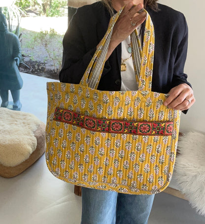 Cabas ruban en coton blockprint matelassé Moutarde