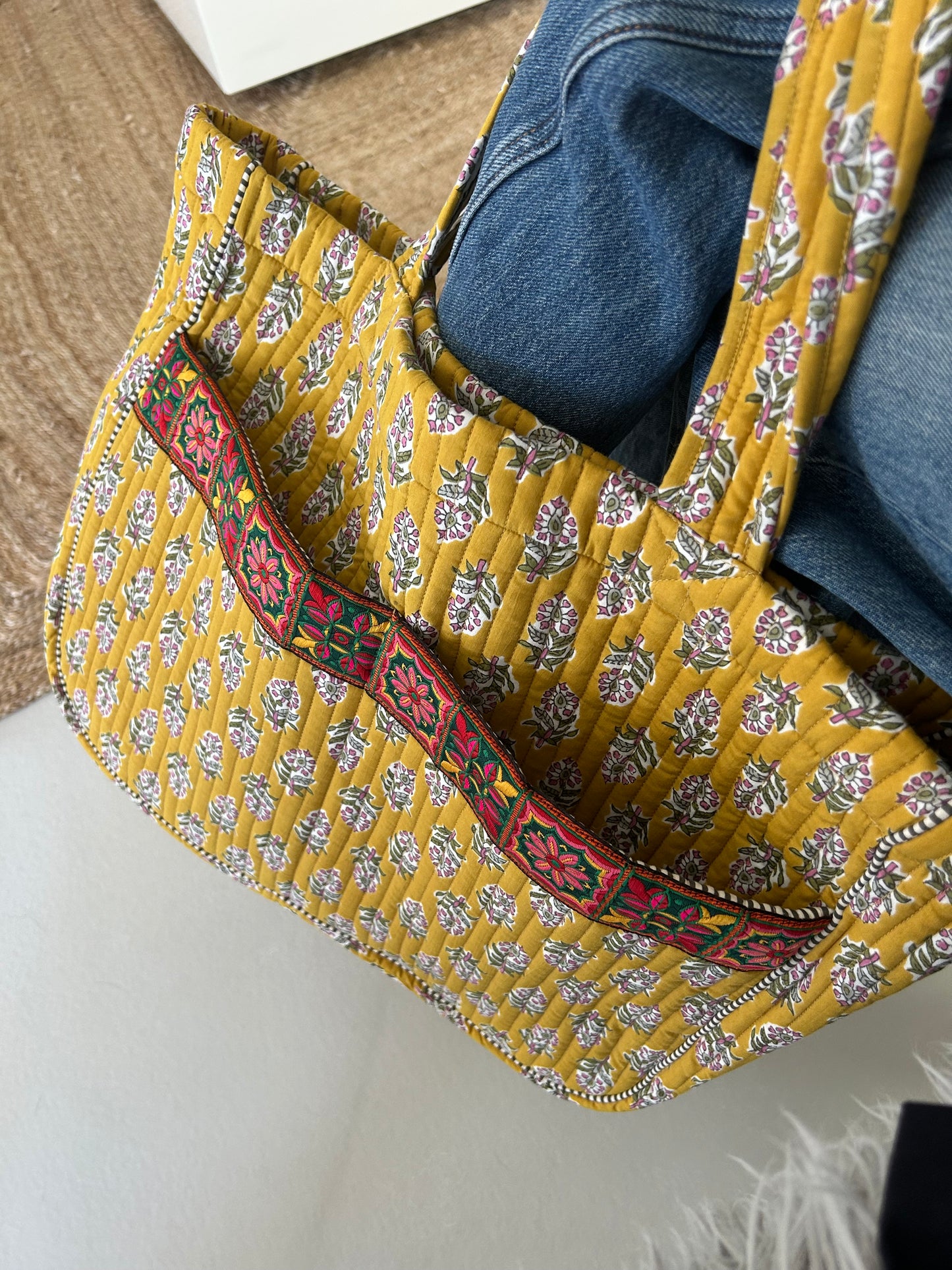 Cabas ruban en coton blockprint matelassé Moutarde