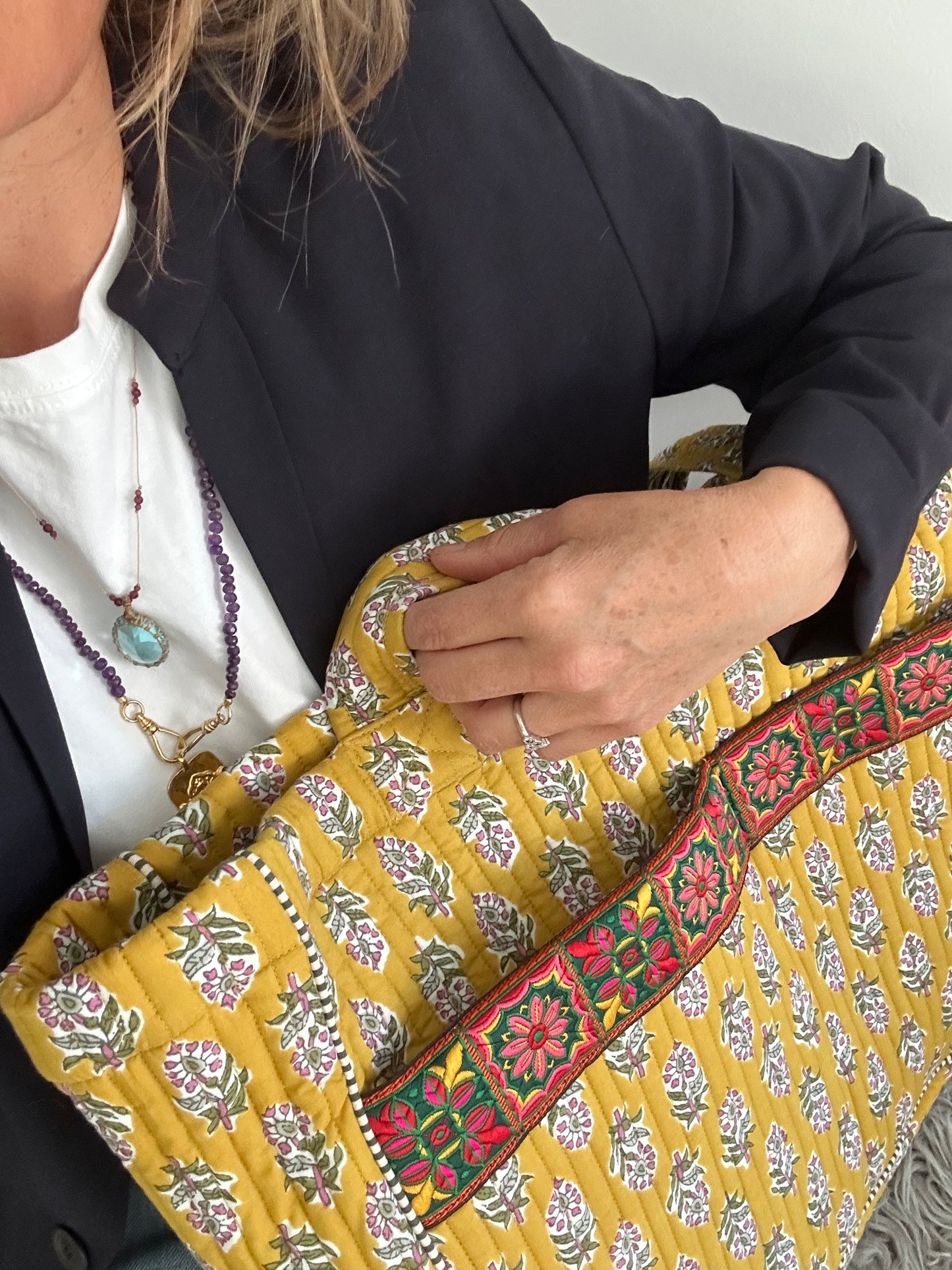 Cabas ruban en coton blockprint matelassé Moutarde