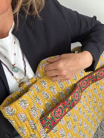 Cabas ruban en coton blockprint matelassé Moutarde