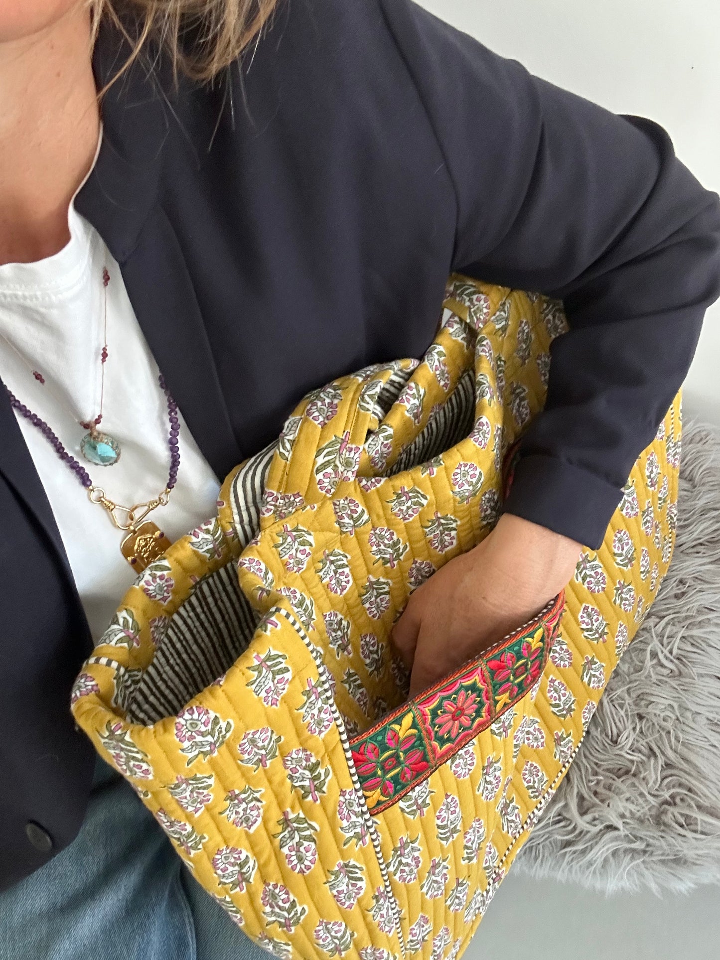 Cabas ruban en coton blockprint matelassé Moutarde