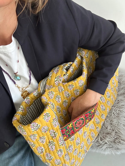 Cabas ruban en coton blockprint matelassé Moutarde