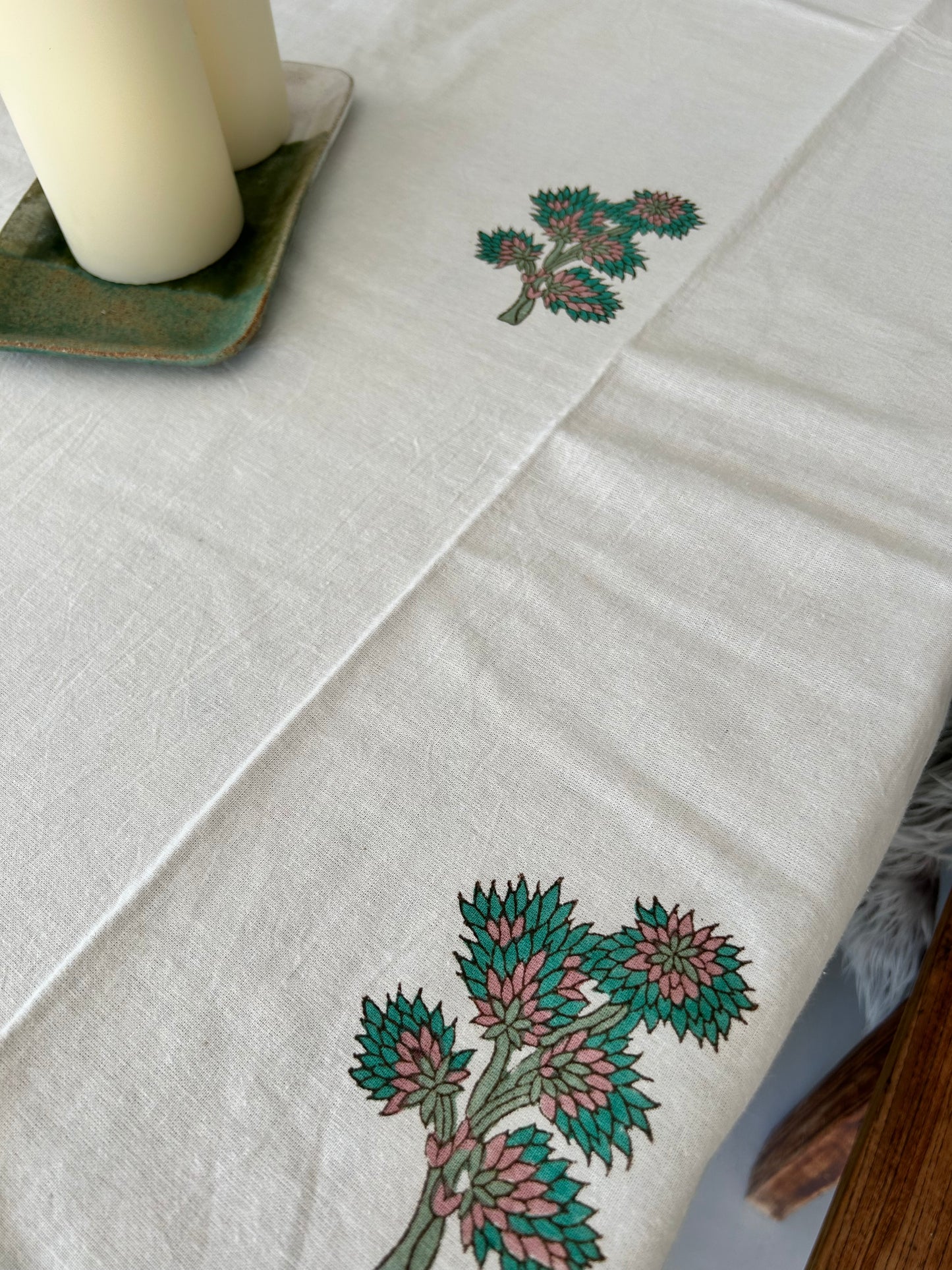 Nappe en coton crème avec motifs Arbuste Blockprint