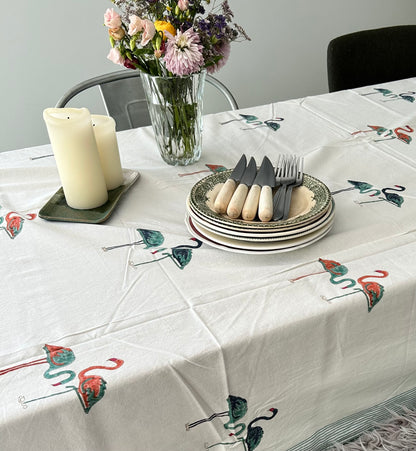 Nappe en coton crème avec motifs Flamand-rose Blockprint