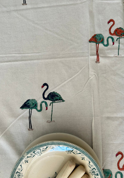 Nappe en coton crème avec motifs Flamand-rose Blockprint