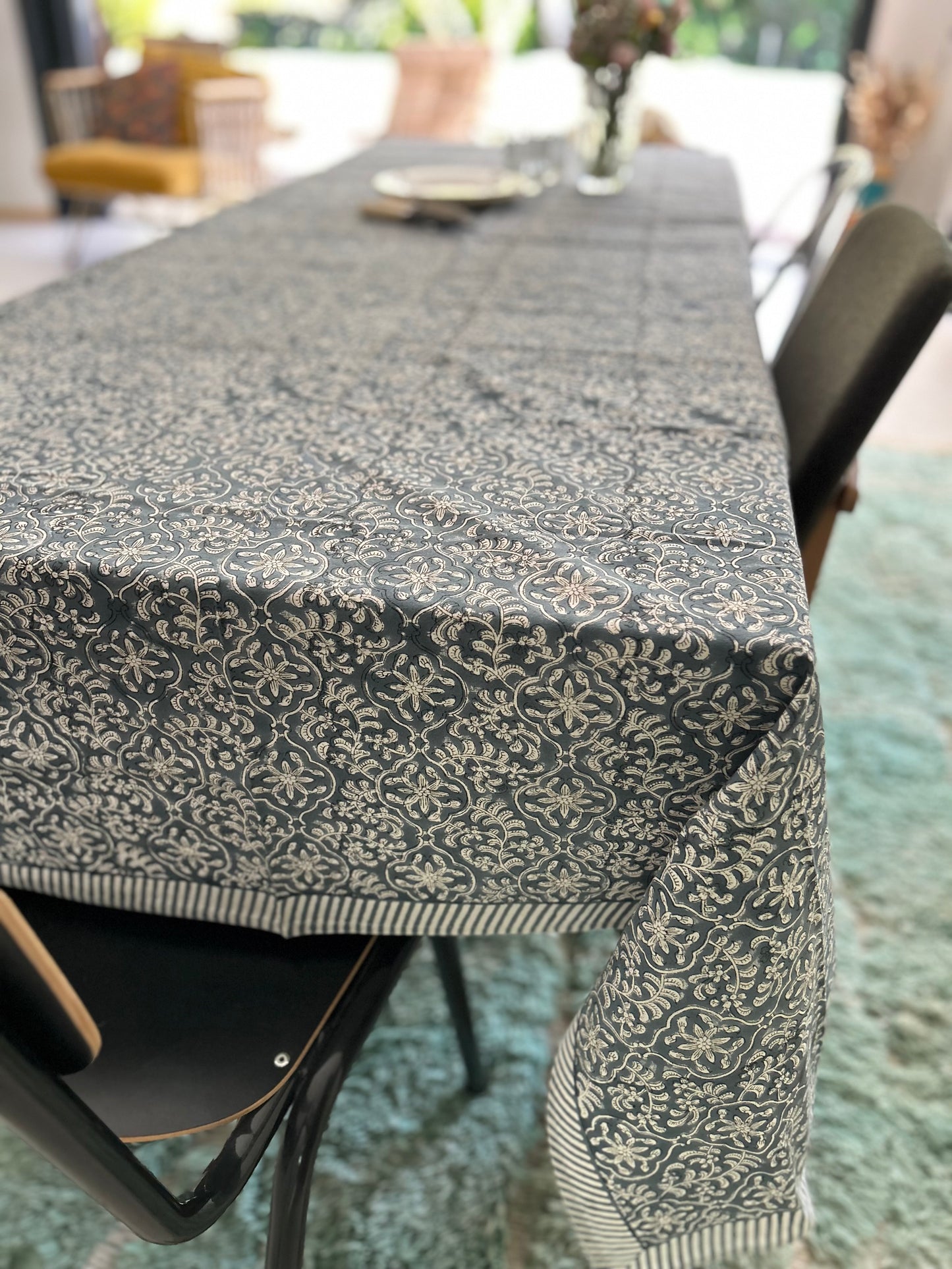 Nappe en coton imprimée à la main petites fleurs bleu jeans