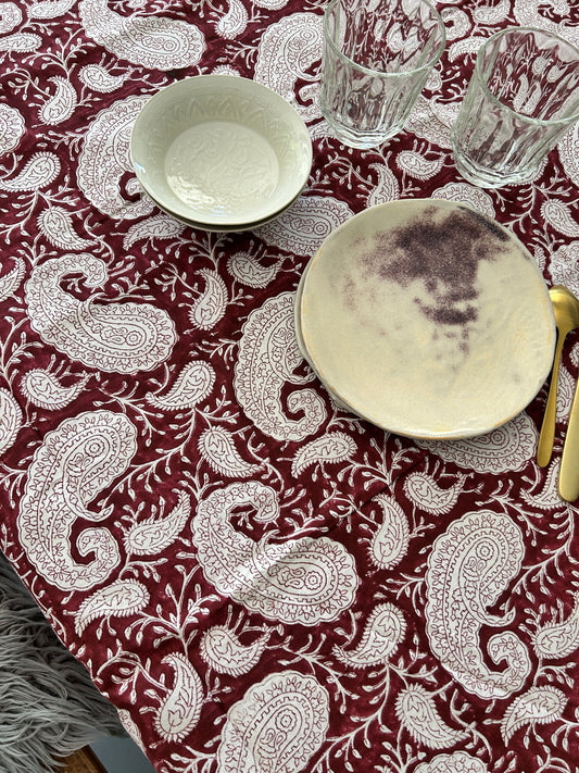 Nappe en coton imprimée à la main Cachemire Bordeaux