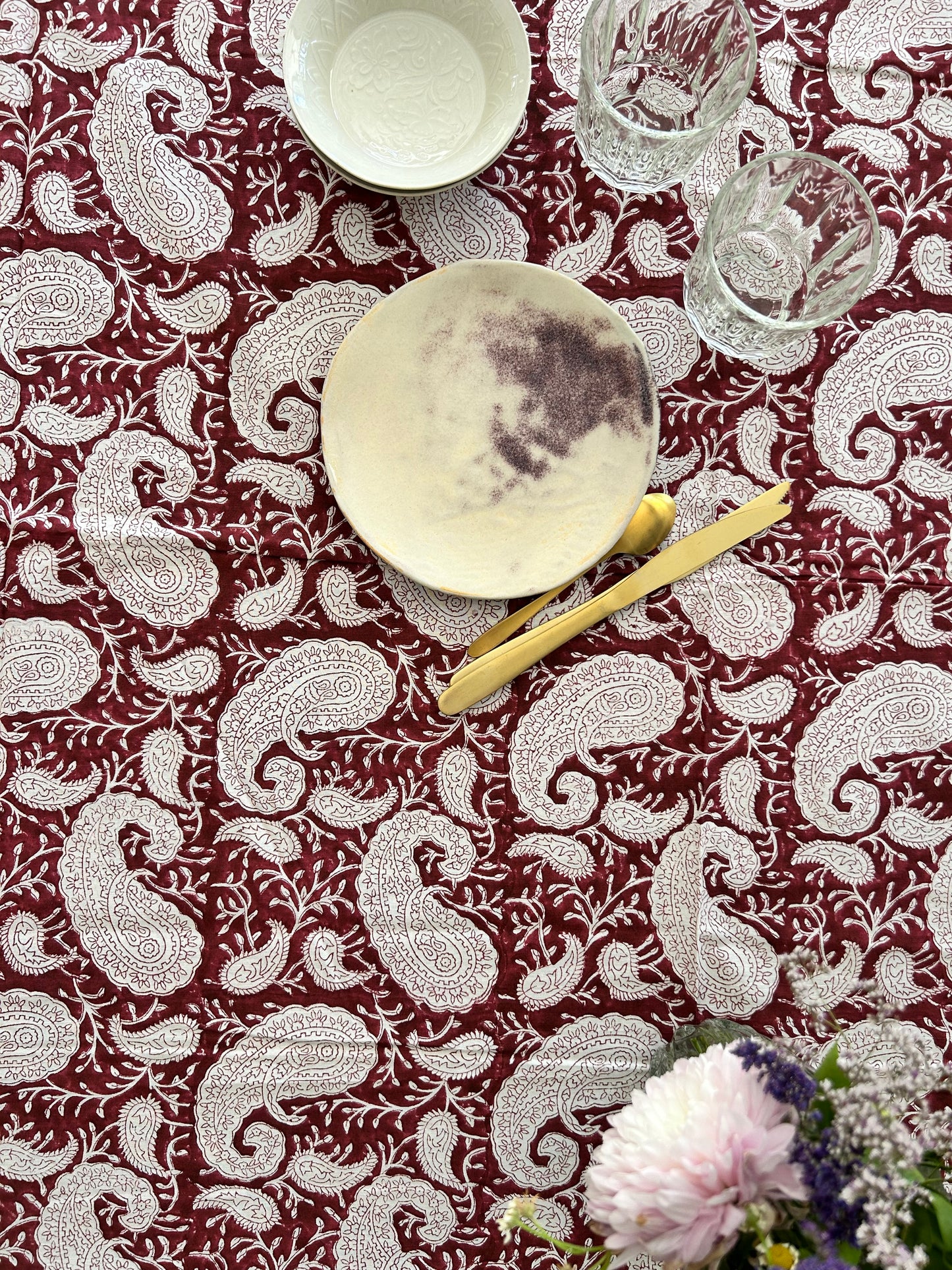 Nappe en coton imprimée à la main Cachemire Bordeaux
