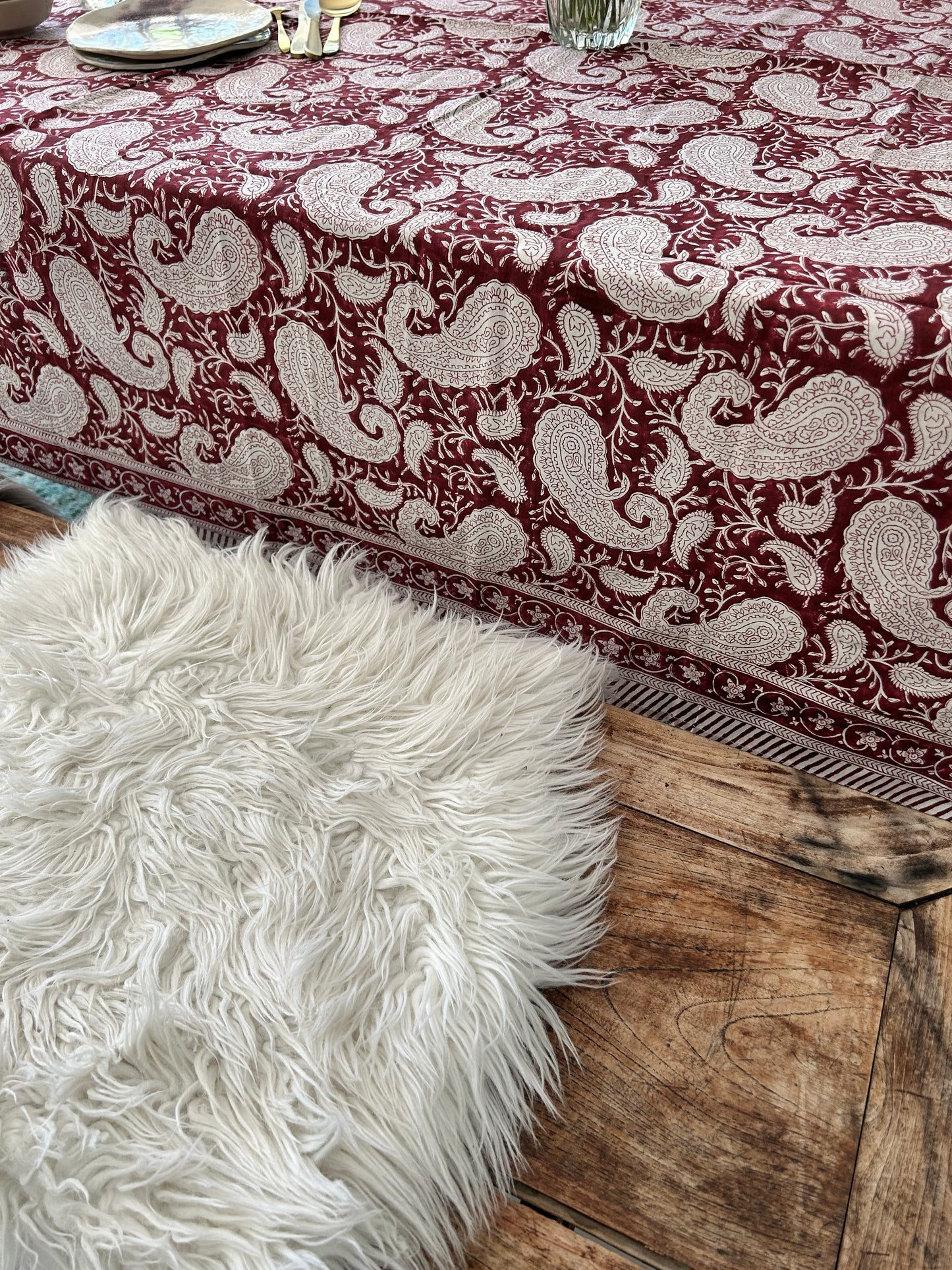 Nappe en coton imprimée à la main Cachemire Bordeaux