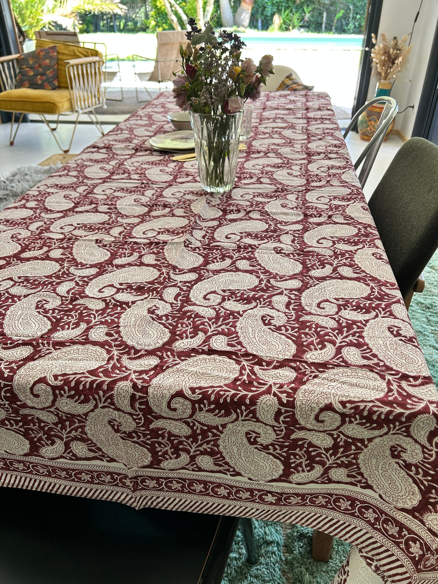 Nappe en coton imprimée à la main Cachemire Bordeaux