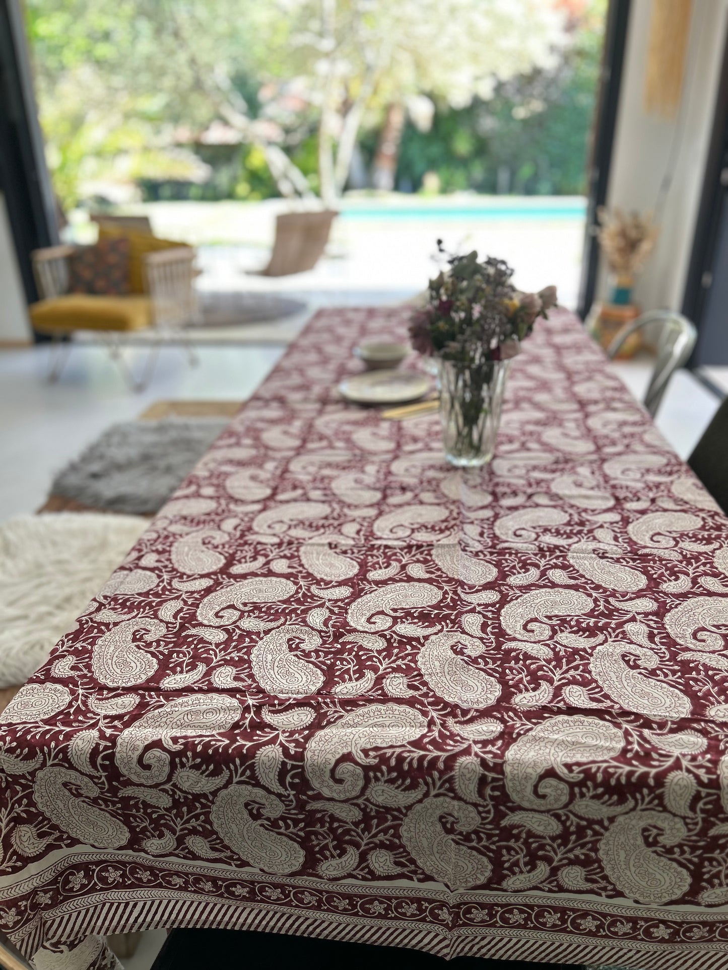 Nappe en coton imprimée à la main Cachemire Bordeaux
