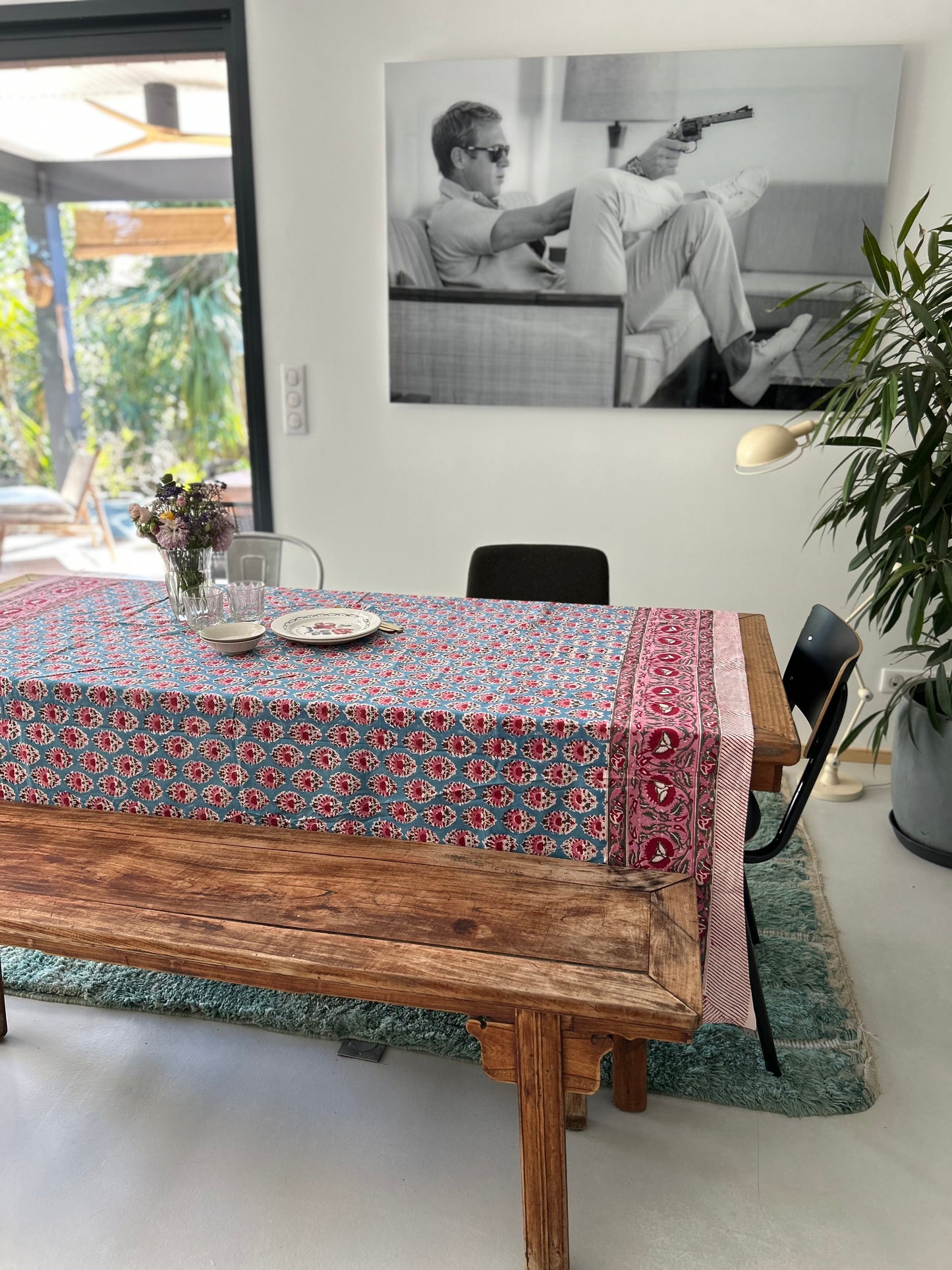 Nappe carrée en coton imprimée à la main