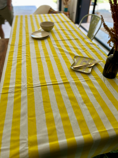 Longue nappe en coton imprimée à la main Rayures jaune