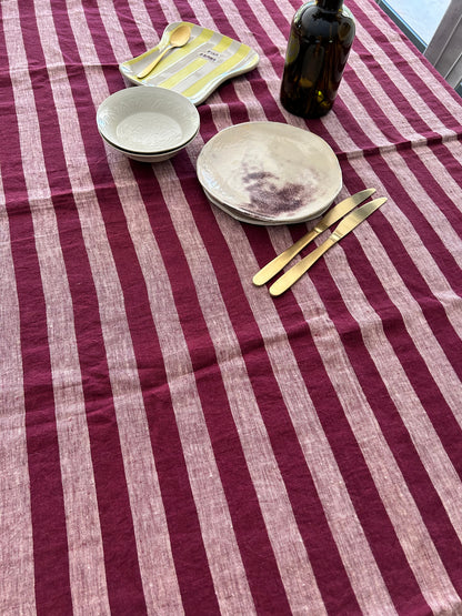 Nappe carrée  en lin à rayures Framboise