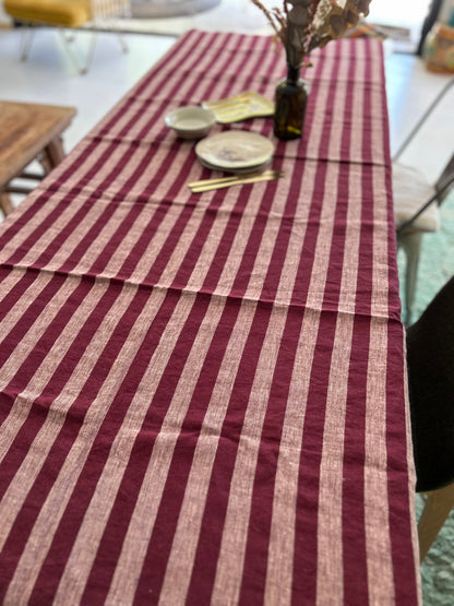 Nappe carrée  en lin à rayures Framboise