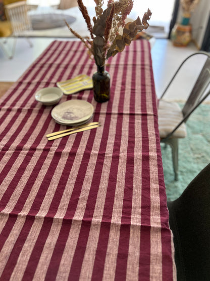Nappe carrée  en lin à rayures Framboise