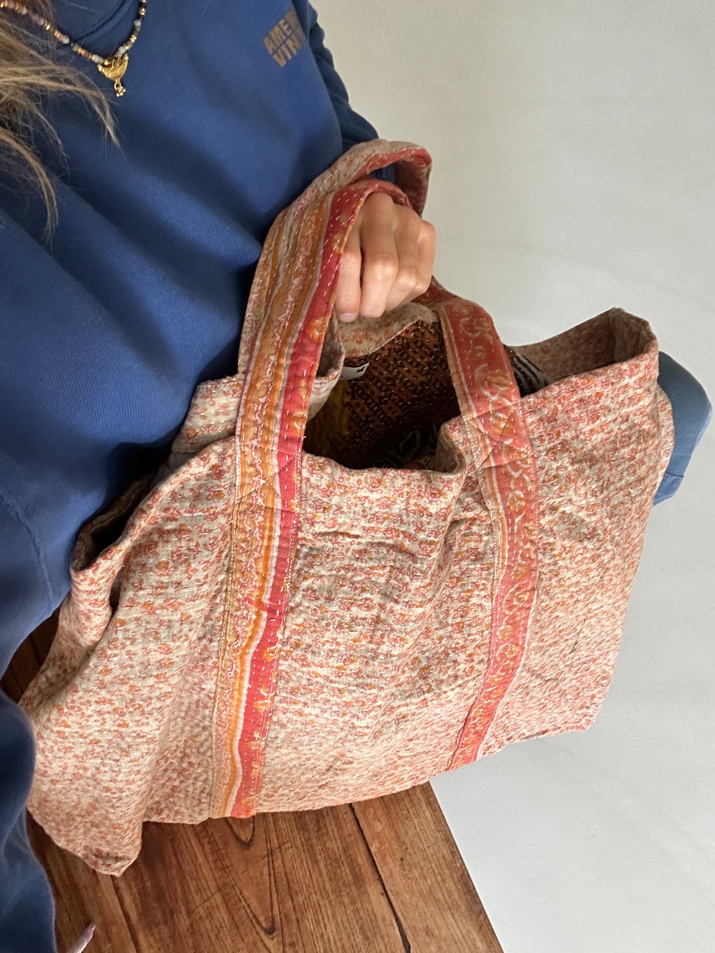 Grand Cabas en Kantha vintage Abricot
