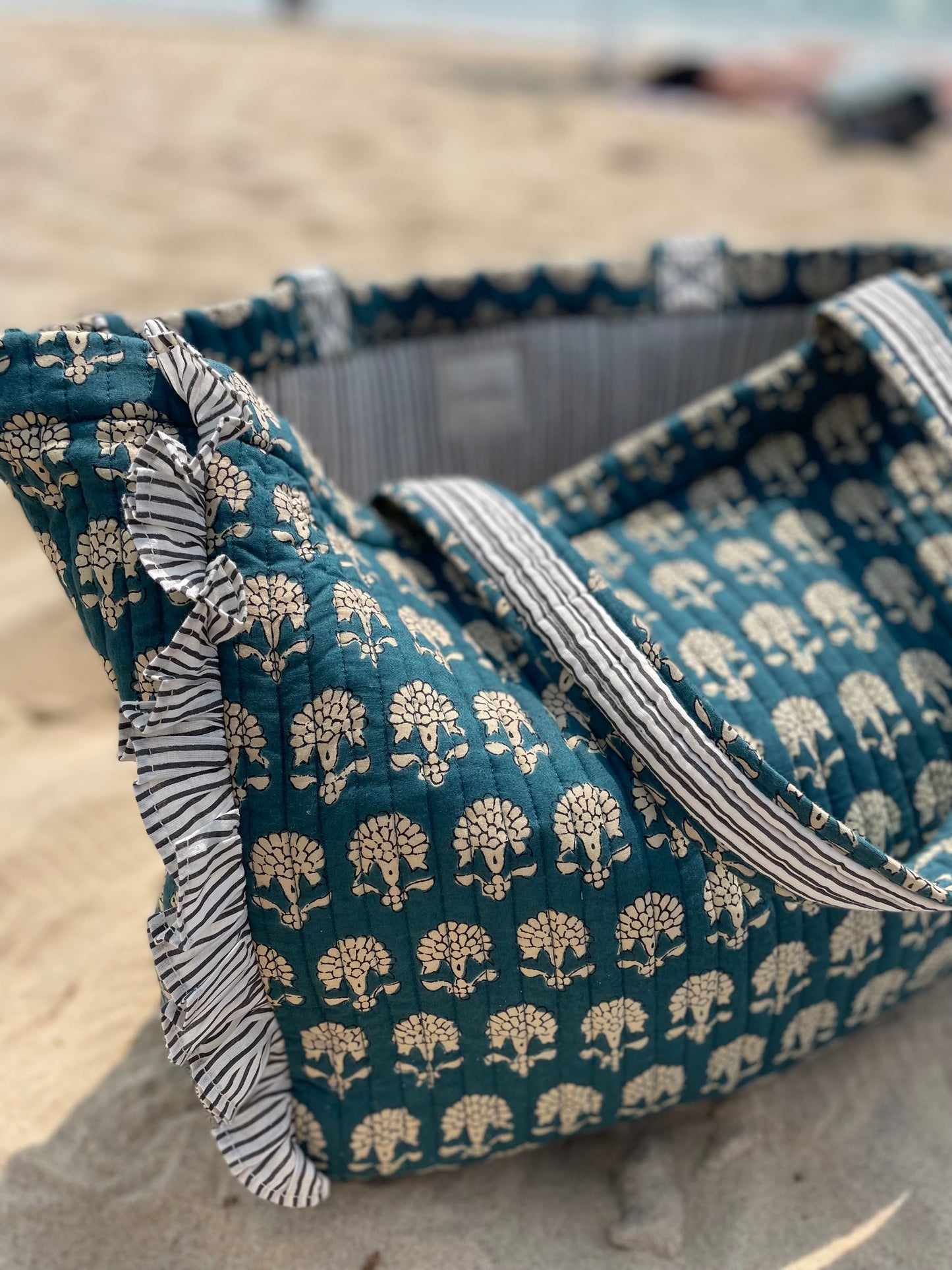 Cabas froufrou en coton blockprint matelassé Bleu jeans