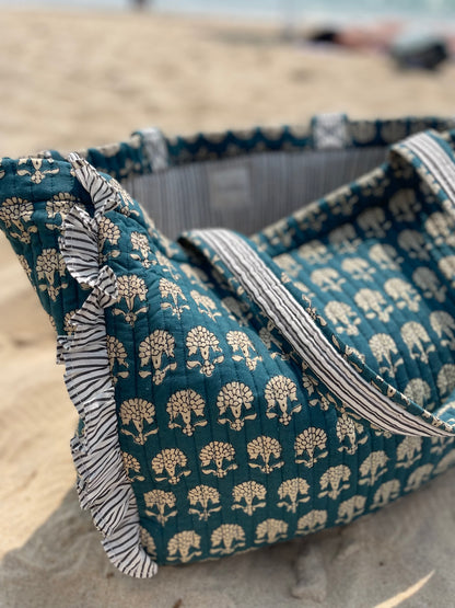 Cabas froufrou en coton blockprint matelassé Bleu jeans