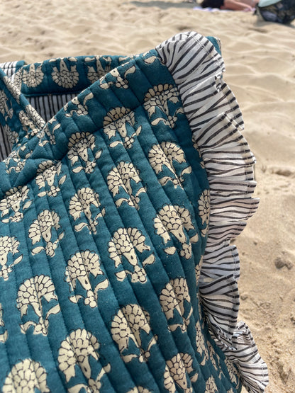 Cabas froufrou en coton blockprint matelassé Bleu jeans